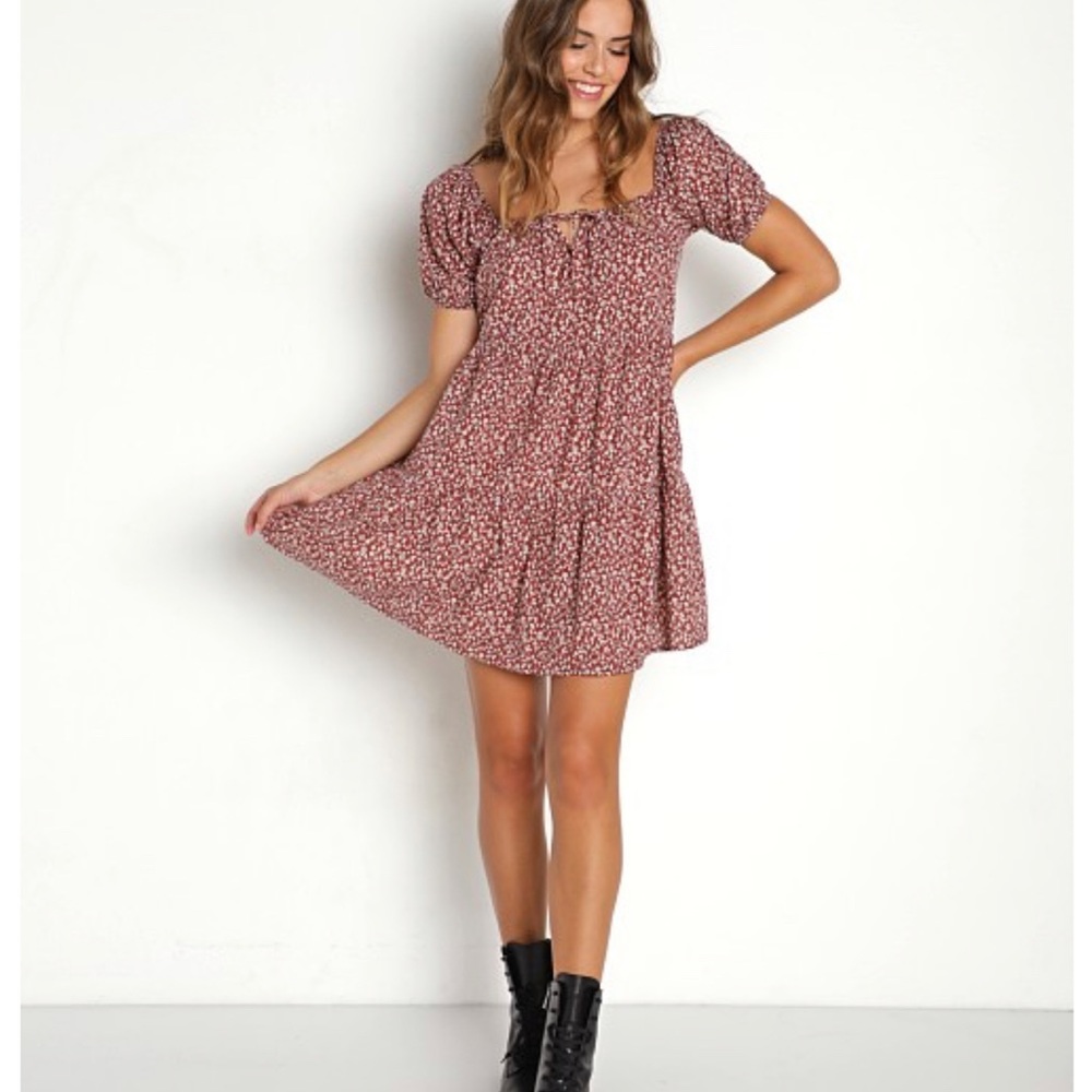 LACAUSA Playa Mini Peasant Fairy Short Puff Sleeve Dress Cocoa Magic Mushroom